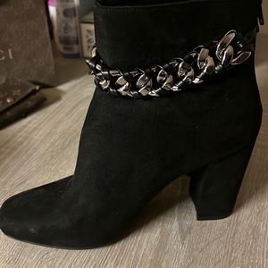 BAMBOO Black Suede with Chain Link Embellished, Block Heel, Ankle Boot